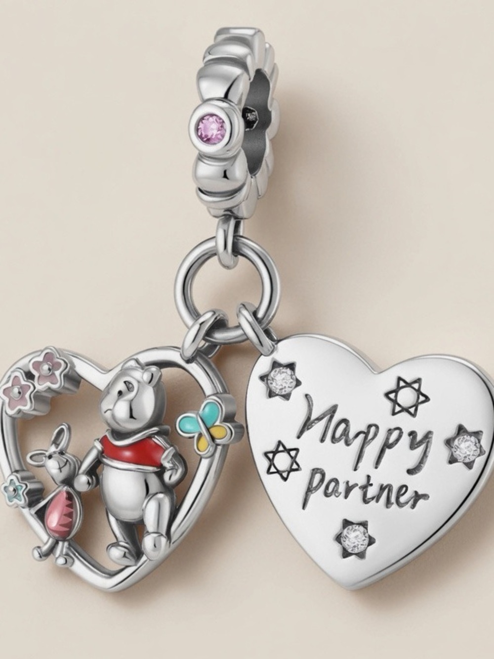 Sterling Silver Winnie the Pooh Heart Dangle Charm with Pink Stone